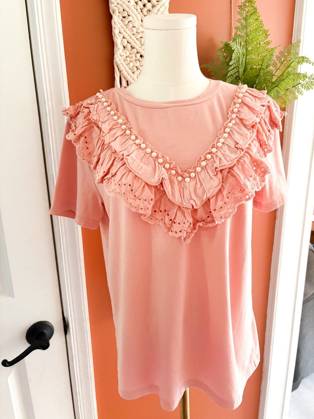 On Twelfth Pink Crochet Beaded Bib V Neck Top Large Short Sleeve Pearl Coquette
